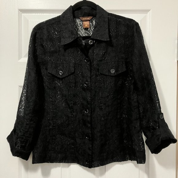 ⭐️2/$30⭐️ Attitude button down shirt - black sheer with tone-on-tone pattern, M - Picture 1 of 8